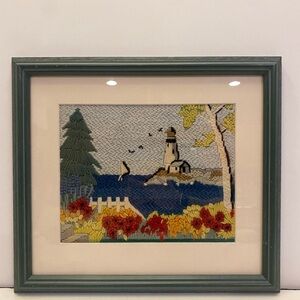 Vtg Framed Yarn Art Crewel Lighthouse Tree